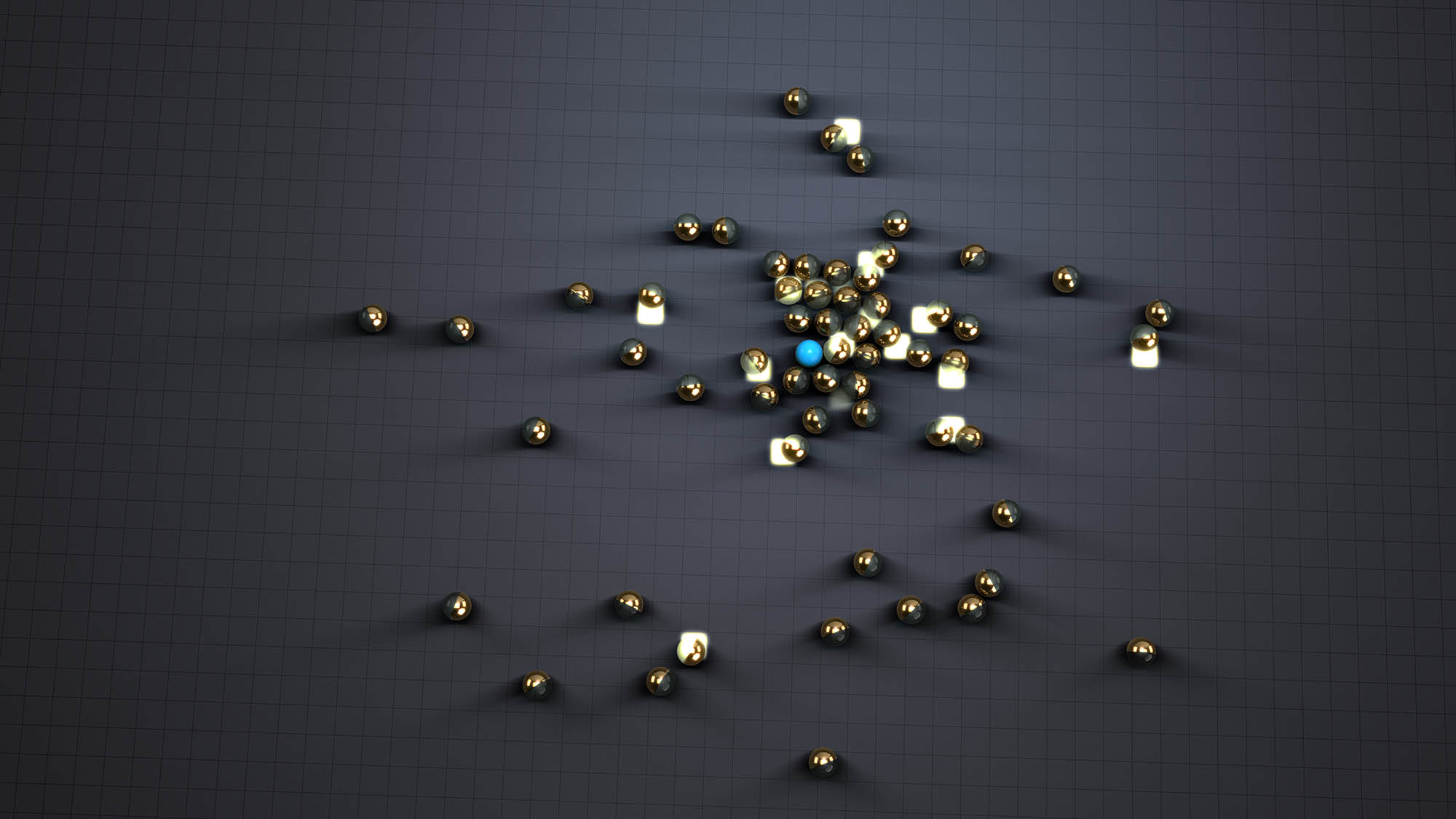 gold and glass spheres moves in on a blue sphere